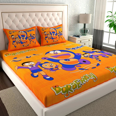 Govindam 144 TC Cotton Queen Printed Flat Bedsheet(Pack of 1, Yellow Doremon)