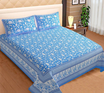 VASTRA VILLA 144 TC Cotton King Jaipuri Prints Flat Bedsheet(Pack of 1, Blue)
