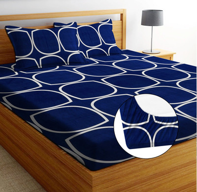 ikaan décor Cotton King Fitted (Elastic) 230 TC Printed Bedsheet(Pack of 1, Blue Circle)