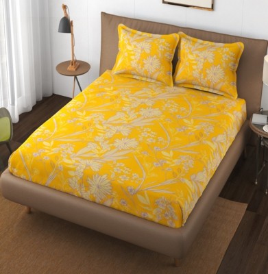 LinenHeads 270 TC Cotton Single Floral Flat Bedsheet(Pack of 1, Yellow)