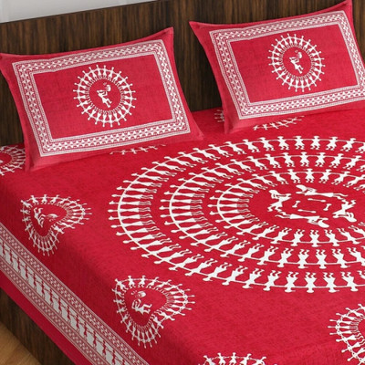 RAHAD 144 TC Cotton Double Jaipuri Prints Flat Bedsheet(Pack of 1, Red)