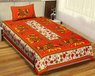 Rangun 144 TC Cotton Single Printed Flat Bedsheet(Pack of 2, Orange)