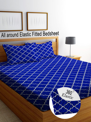 RisingStar 350 TC Cotton Double Striped Fitted (Elastic) Bedsheet(Pack of 1, Fitted BlueTemple_Double)