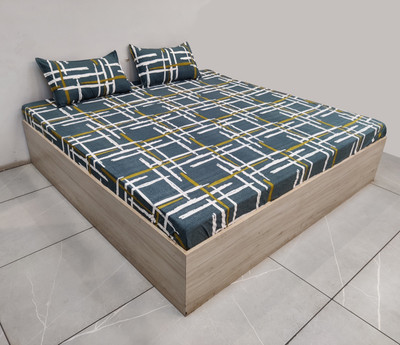 TexKing 220 TC Cotton Double Geometric Fitted (Elastic) Bedsheet(Pack of 1, Grey White, Double Bedsheet with 2 Pillow Covers)
