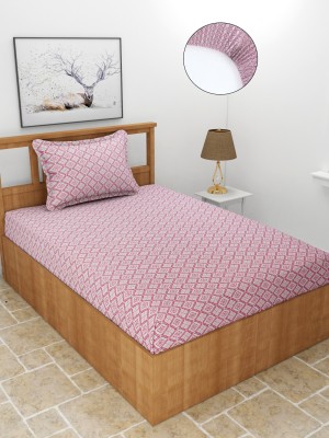 BREVARD 210 TC Cotton Single Printed Fitted (Elastic) Bedsheet(Pack of 1, Pink)
