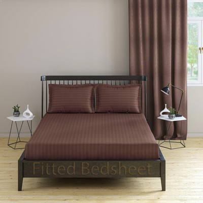 roman Cotton Queen Fitted (Elastic) 300 TC Striped Bedsheet(Pack of 1, Coffee)
