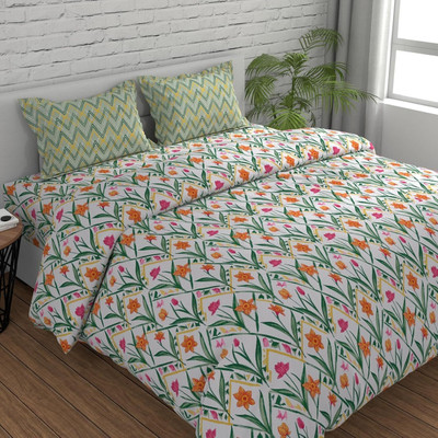 Huesland Cotton King Flat 144 TC Floral Bedsheet(Pack of 1, Green, Yellow & White)