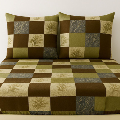 parth Cotton Double Fitted (Elastic) 300 TC Geometric Bedsheet(Pack of 1, GREEN BROWN ND GREY)