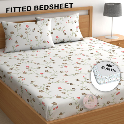 CHHAVI INDIA 210 TC Microfiber Double Printed Fitted (Elastic) Bedsheet(Pack of 1, Pink Multi 2)