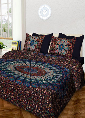 RAJDEVI JAIPUR PRINTS 251 TC Cotton Double, King Printed Fitted & Flat Bedsheet(Pack of 1, Multicolor)