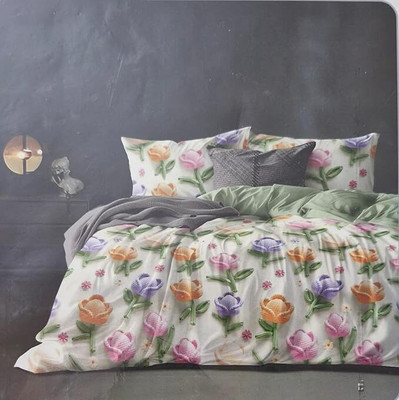 DECOR BY MOM Cotton Double Fitted (Elastic) 400 TC Floral Bedsheet(Pack of 1, White)