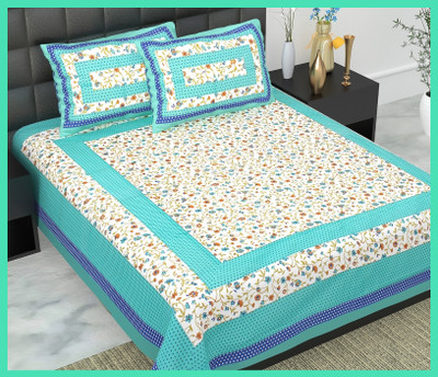 JAIPUR PRINTS Cotton Double Flat 144 TC Printed Bedsheet(Pack of 1, Sky)