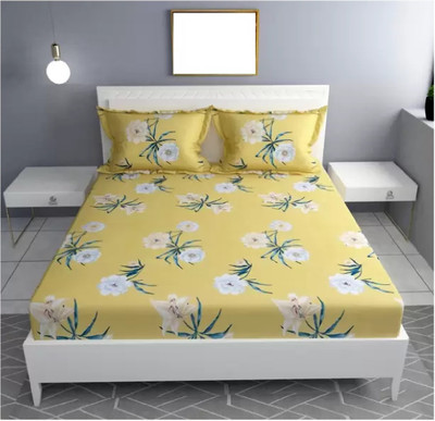 FINBIN Cotton King Fitted (Elastic) 244 TC Printed Bedsheet(Pack of 1, YELLOW FLOWER)