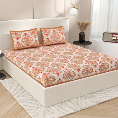 TRUE WORLD Cotton Double Flat 144 TC Printed Bedsheet(Pack of 1, Beige)