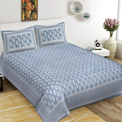 Qfab Cotton King Flat 360 TC Jaipuri Prints Bedsheet(Pack of 1, Blue)