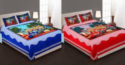 PALANG SHOBHA Cotton Double Flat 131 TC Jaipuri Prints Bedsheet(Pack of 2, Red, Blue)