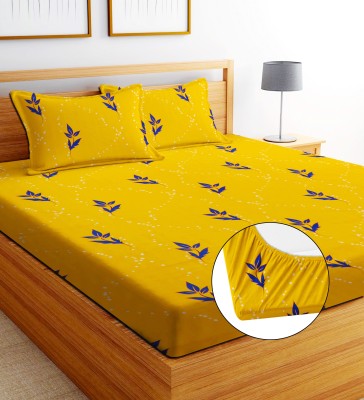 LATHWAL CREATIONS 300 TC Cotton Double Printed Fitted (Elastic) Bedsheet(Pack of 1, NEW YELLOW (1 Fitted Bedsheet + 2 Pillow Cover + 2 Cushion Covers with Filler))