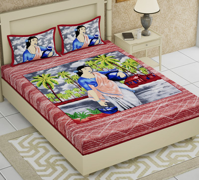 Poorak 104 TC Cotton Double Jaipuri Prints Flat Bedsheet(Pack of 1, Maroon)
