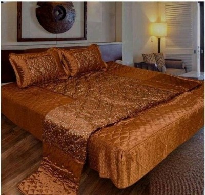 SINRAMP Satin Double Bed Cover(Gold, 1 Bed sheet, 2 Pillow Covers)