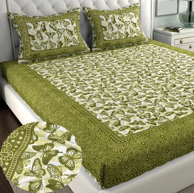 BharatLinen Cotton Queen Flat 144 TC Jaipuri Prints Bedsheet(Pack of 1, Olive Green)