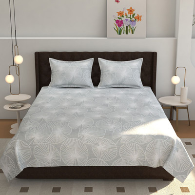 Inhabits Cotton Super King Flat 300 TC Printed Bedsheet(Pack of 1, Light Grey & Lotus Leaf)