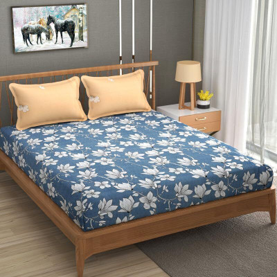 msenterprise Cotton Double Flat 144 TC Floral Bedsheet(Pack of 1, Blue)
