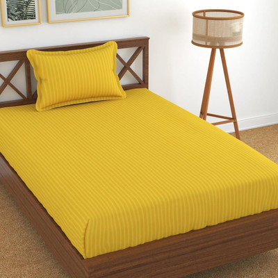 Rashee Creations 210 TC Polycotton Double Striped Fitted (Elastic) Bedsheet(Pack of 1, Yellow)
