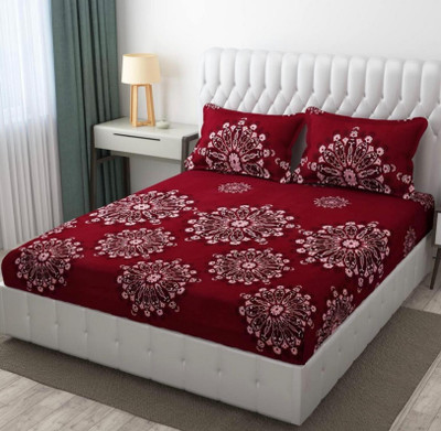 The Divine 450 TC Cotton Super King 3D Printed Fitted (Elastic) Bedsheet(Pack of 1, 787-Red)
