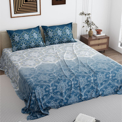 Dream Weaverz Cotton Super King Flat 260 TC Abstract Bedsheet(Pack of 1, Dark Blue-White)