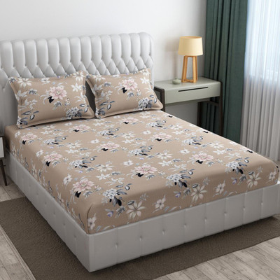 DECOR2ADMIRE 300 TC Cotton Queen Printed Fitted (Elastic) Bedsheet(Pack of 1, Beige Multi Floral)