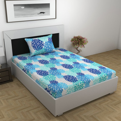 Divine Casa Cotton Single Flat 144 TC Floral Bedsheet(Pack of 1, Galaxy Blue)