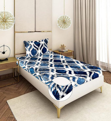 SHOPHOX Woolen Single Fitted (Elastic) 300 TC Abstract Bedsheet(Pack of 1, Blue)