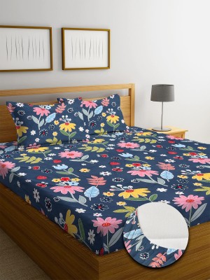 DWORTH 220 TC Cotton King Floral Fitted (Elastic) Bedsheet(Pack of 1, Navy)