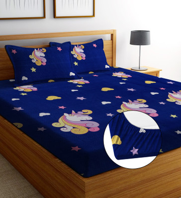 EXFAB Cotton King Fitted (Elastic) 244 TC Cartoon Bedsheet(Pack of 1, Blue Grey)