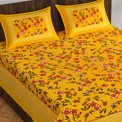 E ELMA 210 TC Cotton Double Jaipuri Prints Flat Bedsheet(Pack of 1, Yellow)