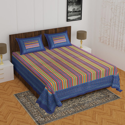 E ELMA Cotton Double Flat 144 TC Printed Bedsheet(Pack of 1, Blue)