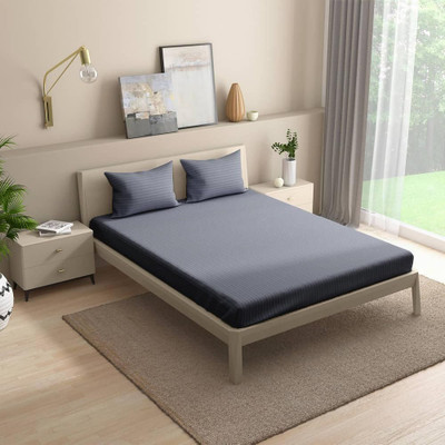 Wakefit Cotton Queen Fitted (Elastic) 215 TC Striped Bedsheet(Pack of 1, Blue Granite)