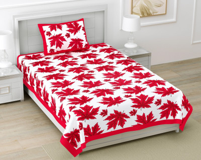 BharatLinen Cotton Single Flat 144 TC Jaipuri Prints Bedsheet(Pack of 1, Red, White)