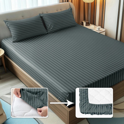 Story@home 300 TC Microfiber Queen Striped Fitted (Elastic) Bedsheet(Pack of 1, Dark Grey)