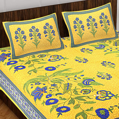 UNIBLISS 144 TC Cotton Double Jaipuri Prints Flat Bedsheet(Pack of 1, Yellow)