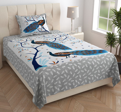 KOUNDAL Cotton Single Flat 144 TC Jaipuri Prints Bedsheet(Pack of 1, Grey)