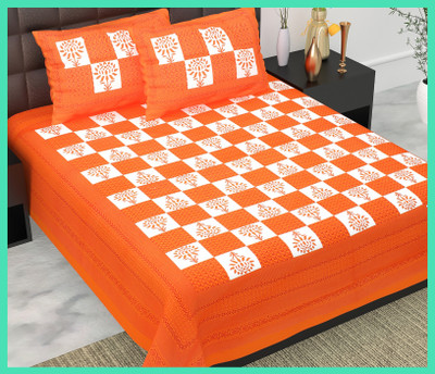 JAIPUR PRINTS Cotton Double Flat 144 TC Jaipuri Prints Bedsheet(Pack of 1, Orange)