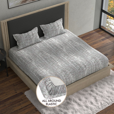 BELLA CASA 180 TC Cotton Double Abstract Fitted (Elastic) Bedsheet(Pack of 1, Grey)