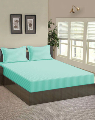 Jaipurlinen Cotton Queen Fitted (Elastic) 220 TC Striped Bedsheet(Pack of 1, Sky Blue)