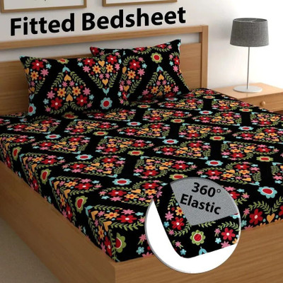 RisingStar Microfiber King Fitted (Elastic) 250 TC Printed Bedsheet(Pack of 1, Black & Multicolor)