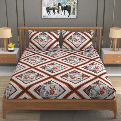 OSONIC 250 TC Microfiber King Geometric Fitted (Elastic) Bedsheet(Pack of 1, Brown & White)
