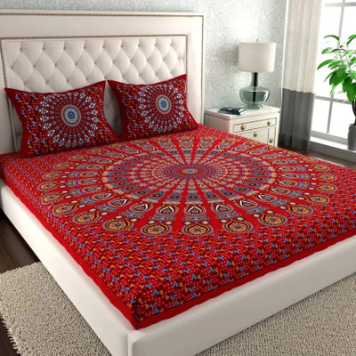 BharatLinen Cotton Double Flat 200 TC Jaipuri Prints Bedsheet(Pack of 1, Multi Red)