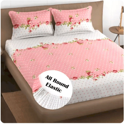 Supreme Home Collective 144 TC Polycotton Double Printed Fitted (Elastic) Bedsheet(Pack of 1, Peach White, Double Bedsheet With 2 Pillow Covers)