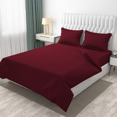 Bold Buddies Satin King Fitted (Elastic) 300 TC Striped Bedsheet(Pack of 1, Maroon)