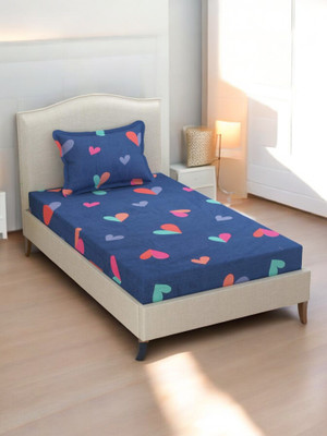 HOMYBEES 220 TC Cotton Single Abstract Fitted (Elastic) Bedsheet(Pack of 1, Blue)